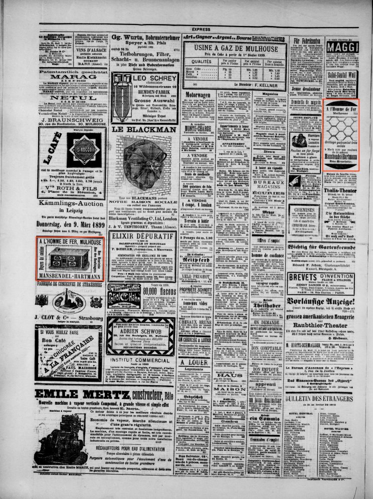 Journal L'Express de Mulhouse du 22 février 1899 (p.4) : foyers de cuisine, et grillage galvanisé très solide.